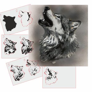 May include: A black and white stencil design of a wolf howling at the moon. The stencil is divided into six sections, each showing a different stage of the wolf's howl.