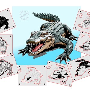 May include: A black and white illustration of an alligator with its mouth open, showing its teeth. The illustration is on a white background with a red border. The illustration is numbered 1 through 8.