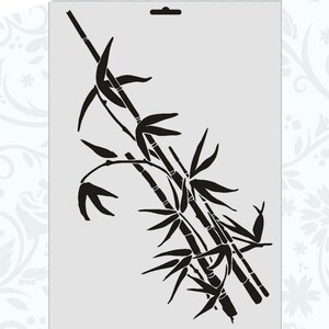 May include: Black and white stencil of a bamboo plant with leaves. The stencil is on a white background.