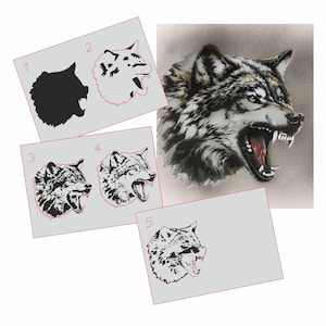 May include: Five different stencils of a wolf's head, each with a different level of detail. The stencils are numbered 1 through 5. The stencils are on a gray background.