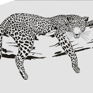 May include: Black and white silhouette of a leopard lying on a branch. The leopard's spots are visible.