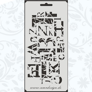 May include: A stencil with a distressed, vintage-style design featuring a collection of letters in a vertical arrangement. The stencil is made of a durable material and is perfect for creating unique and personalized projects.