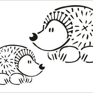 May include: Black and white line drawing of two hedgehogs. The larger hedgehog is on the right side of the image and the smaller hedgehog is on the left side of the image.