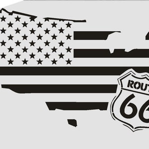 May include: Black and white stencil of the United States outline with an American flag design and a Route 66 sign.