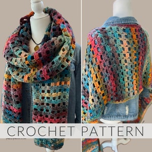 May include: A colourful crochet scarf with a square stitch pattern. The scarf is shown draped around a mannequin wearing a denim jacket. The image includes the text "CROCHET PATTERN".