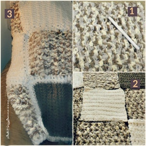 May include: A close-up of a crocheted blanket made of different colored squares. The blanket is made of white, brown, and gray yarn. The blanket is being sewn together with a needle and thread.