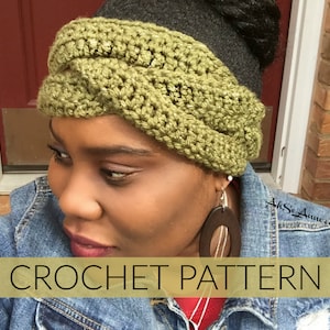 May include: A green crochet headband with a criss-cross design. The headband is worn by a person with dark skin and brown eyes. The text "CROCHET PATTERN" is displayed below the image.