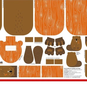 Könnte beinhalten: Ein Satz bedruckbarer Stoffmuster mit einem Biber-Design. Die Muster umfassen einen Biberkopf, einen Körper, einen Schwanz, Pfoten und einen Holzmaserungshintergrund. Der Text "Wood Love" ist im Design enthalten.
