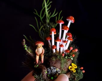 Mr. Mushroom decided to go - wood log with UV light phosphorescence - glow in the dark, phosphorescent mushrooms and moss