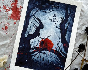 Caperucita Roja Oscura -3- pintura de acuarela original, surrealista, espeluznante