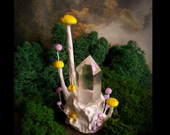 Little Wonders - No. 12 - aura quartz tower with mushrooms - mini gardening, fairy garden, crystal garden, mushroom art, table decor