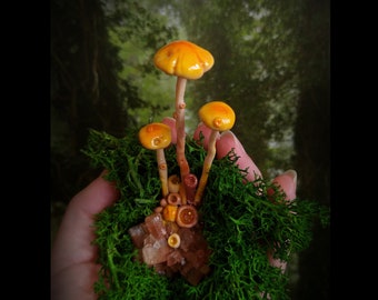 Little Wonders - No. 4 - aragonite sputnik / geode with mushrooms - mini gardening, fairy garden, crystal garden, mushroom art