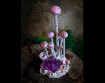 Little Wonders - No. 15 - amethyst point with mushrooms - mini gardening, fairy garden, crystal garden, mushroom art, table decor