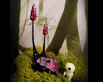 Little Wonders - No. 10 - sugar quartz geode with mushrooms - mini gardening, fairy garden, crystal garden, mushroom art, table decor