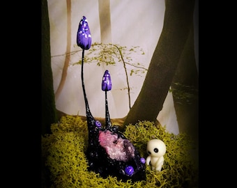 Little Wonders - No. 9 - sugar quartz geode with mushrooms - mini gardening, fairy garden, crystal garden, mushroom art, table decor