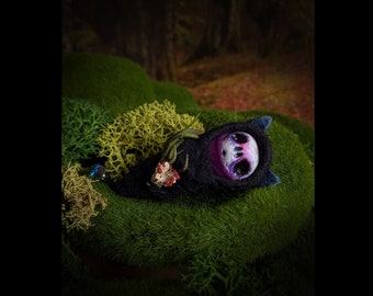 Raindrop, the Dark Forest Gnome Baby - collectible figure, collectible doll, ooak doll, designer toy, gothic witchy decor