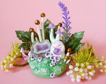 Agate Crystal Garden with little ghost - 3 - creepy cute spooky figurine