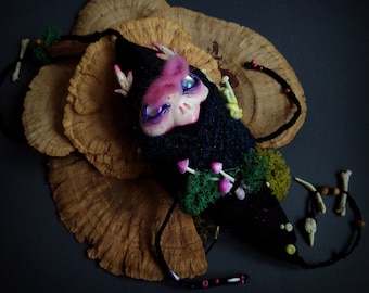 Corbin, the little Darkling Larva - jingles and glow in the dark, ooak doll, designer toy, wall hanging wit bells, witchy decor