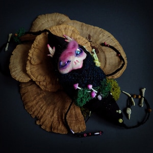 Corbin, the little Darkling Larva jingles and glow in the dark, ooak doll, designer toy, wall hanging wit bells, witchy decor image 1