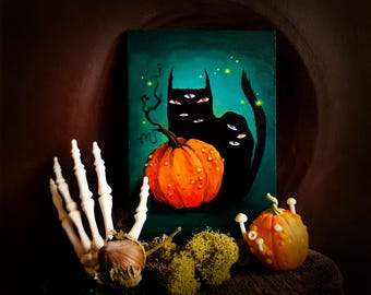 El gato que todo lo ve - pintura acrílica original, surrealista, astral, Halloween