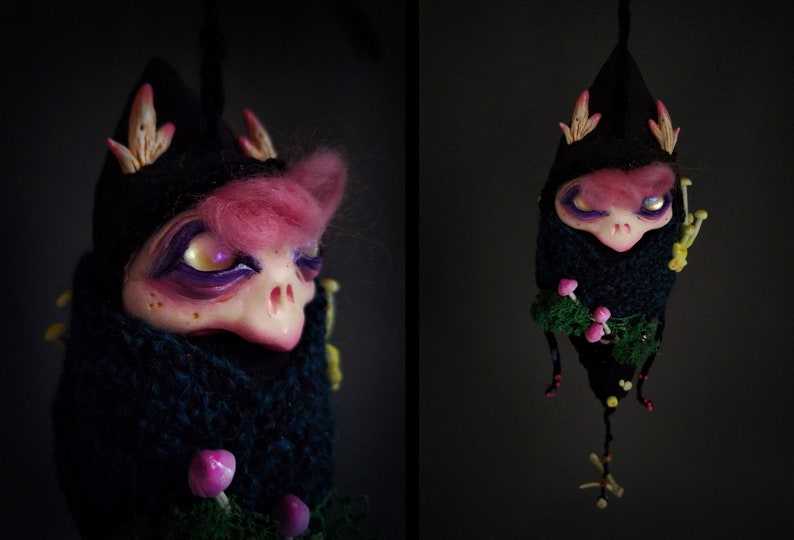 Corbin, the little Darkling Larva jingles and glow in the dark, ooak doll, designer toy, wall hanging wit bells, witchy decor zdjęcie 3