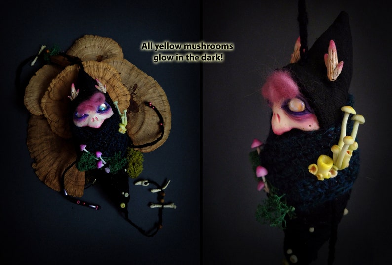 Corbin, the little Darkling Larva jingles and glow in the dark, ooak doll, designer toy, wall hanging wit bells, witchy decor zdjęcie 9