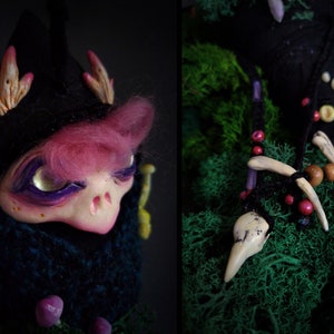 Corbin, the little Darkling Larva jingles and glow in the dark, ooak doll, designer toy, wall hanging wit bells, witchy decor zdjęcie 4