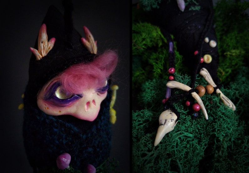 Corbin, the little Darkling Larva jingles and glow in the dark, ooak doll, designer toy, wall hanging wit bells, witchy decor zdjęcie 4