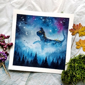 Playing Cat -1- pittura ad acquerello originale, surreale, astrale, magica