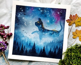 Jugando Gato -1- pintura original de acuarela, surrealista, astral, magia