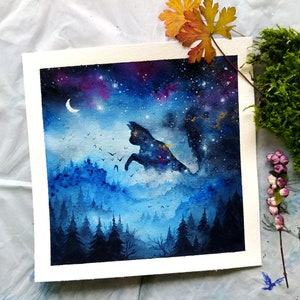 Playing Cat -2- pittura ad acquerello originale, surreale, astrale, magica