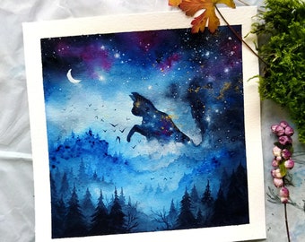 Jugando Gato -2- pintura original de acuarela, surrealista, astral, magia