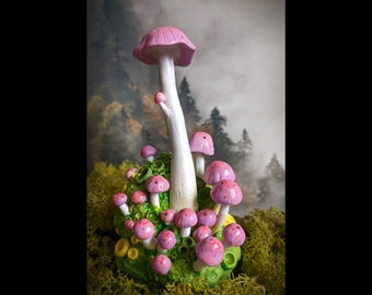 Mushroom family on a green hill - mini gardening, fairy garden, crystal moss garden, mushroom art, table decor
