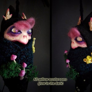 Corbin, the little Darkling Larva jingles and glow in the dark, ooak doll, designer toy, wall hanging wit bells, witchy decor zdjęcie 5