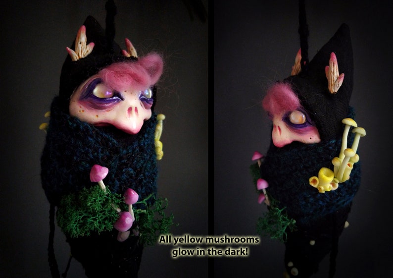 Corbin, the little Darkling Larva jingles and glow in the dark, ooak doll, designer toy, wall hanging wit bells, witchy decor imagem 5