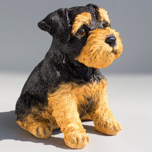 May include: A small, black and tan, sitting dog figurine. The dog has a fluffy coat and is looking up.