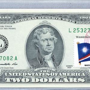 Geldschein *Zwo Dollar Schein *Papiergeld US *Federal Reserve *2 Dollar Stempel *Geldschein Sammlung *Banker Geschenk *Marshall Islands Flagge