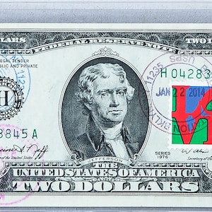Banconota da due dollari del 1976 *Federal Reserve Note *Collezione di banconote *Francobolli da collezione *2 dollari *Francobollo del primo giorno dell'USPS *Regalo per gli amanti dei pechinesi
