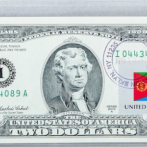 Zwei Dollar Briefmarken *US 2 Dollar Schein *Papiergeld Währung *Federal Reserve Note *Büro Dekor *Business Geschenke *Glücksgeld *Eritrea Flagge