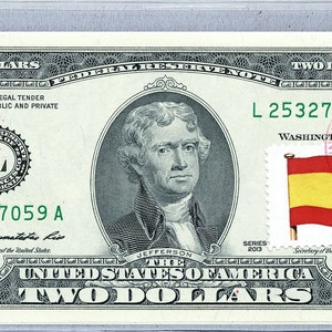 Banconota della Federal Reserve * Banconota da 2 dollari * Bandiera spagnola * Carta moneta USA * Francobolli da due dollari * Banconota valuta UNC * Decorazioni da collezione * Regali aziendali