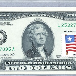 Banconote *Banconota da 2 dollari *Carta moneta USA *Federal Reserve *Francobolli da due dollari *Banconota da collezione Gemma Unc *Regalo aziendale *Bandiera della Liberia