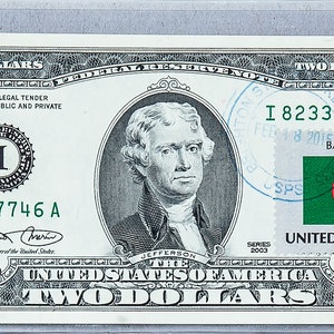 Zwei Dollar Briefmarken *US 2 Dollar Schein *Papiergeld Währung *Federal Reserve Banknote *Gem Stempelglanz *Bangladesch Flagge*
