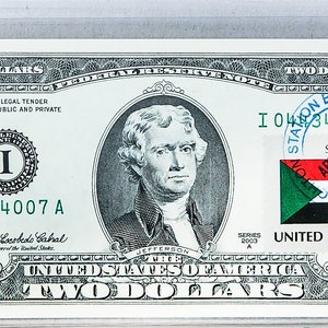 Banconota della Federal Reserve * Banconota da 2 dollari * Banconota da due dollari * Carta moneta USA * Francobollo con bandiera nazionale * Regalo aziendale * Collezione di valute * Decorazione per bar