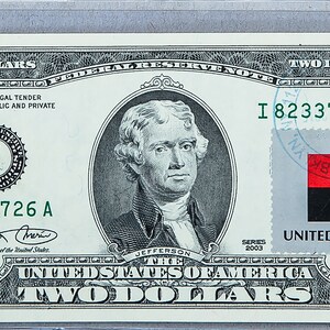 2 Dollar Stempel *US 2 Dollar Schein *Papiergeld Währung *Federal Reserve Note *Banknote Gem UNC *Städtisches Dekor *Glücksgeschenk *Angola Flagge