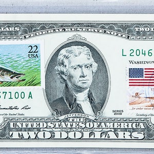 Francobolli da due dollari * Banconota da 2 dollari USA UNC * Valuta cartacea * Banconota della Federal Reserve Bank * Francobolli USPS annullati * Regali da collezione Fisherman