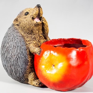 May include: A brown and gray hedgehog figurine holding a red and yellow apple planter. The planter has a rough, textured surface and is shaped like an apple.