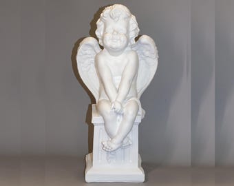 Large Angel Statue *Figurine Angel on Column *Garden Sculpture Sitting Cupid *Wedding Decor Cherub Romantic Gift *Keepsake Back Yard Outdoor