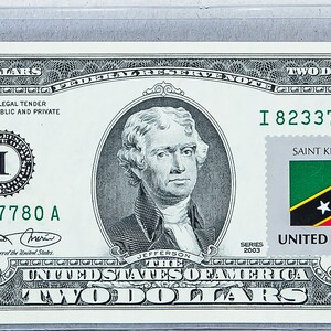 Geldscheine US *2 Dollar Bill *Federal Reserve Bank *Zwei Dollar *Papiergeld Gem Unc *Country Geschenke *Saint Kitts Nevis Flagge *USPS Briefmarken