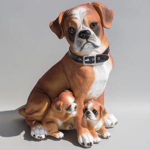 May include: A brown and white boxer dog figurine with two smaller brown and white boxer dog figurines. The larger dog is sitting with its paws crossed and the smaller dogs are sitting in front of it.