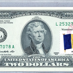 Banconota da 2 dollari USA *Carta moneta *Banconota della Federal Reserve *Francobolli da due dollari *Bandiera di San Vincenzo *Banconota UNC *Arredo per ufficio *Regalo per lui